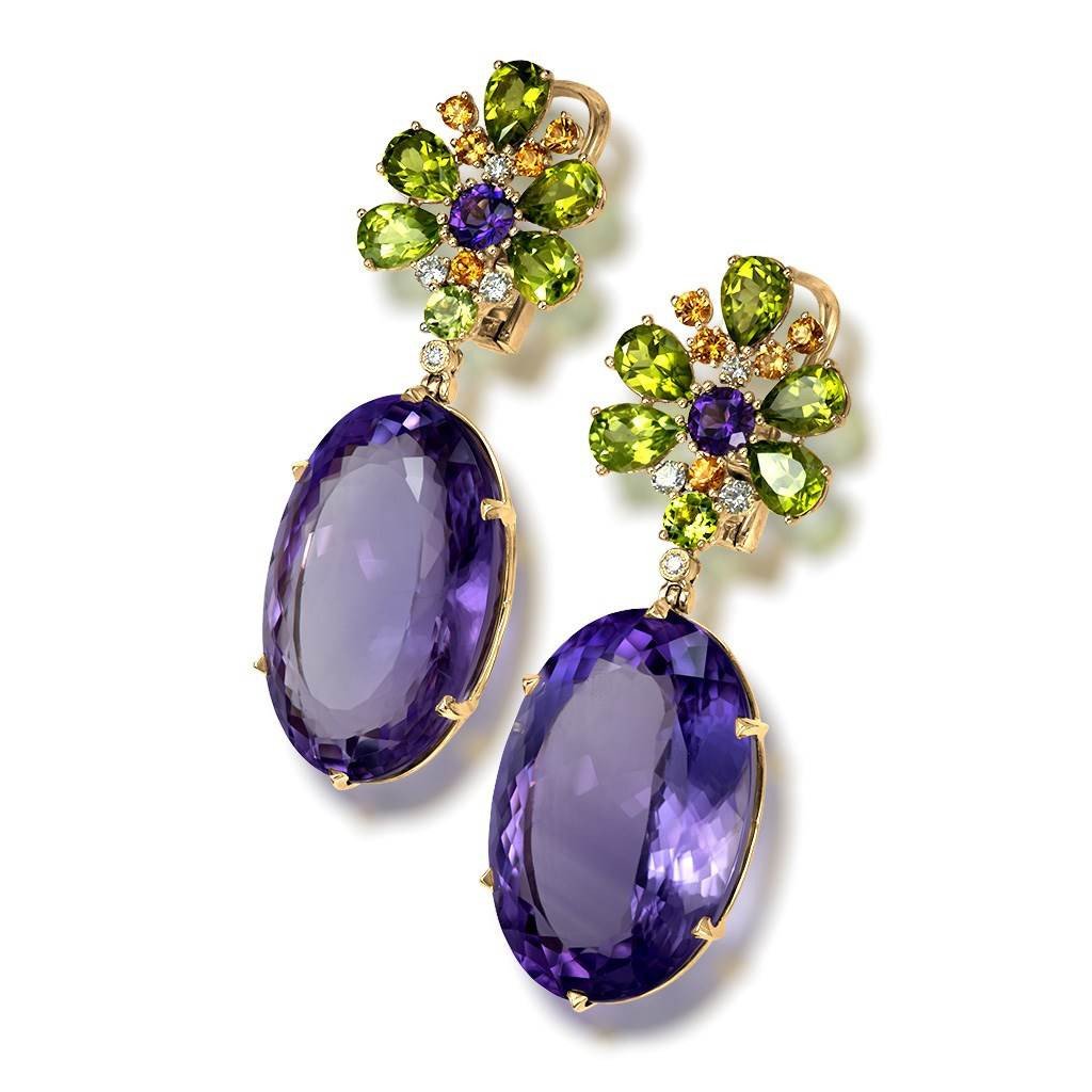 Amethyst, Peridot, Garnet and Diamond Blossom Drop Earrings in Yellow Gold