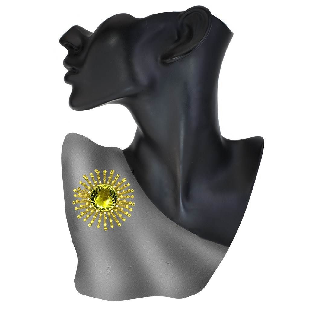 Lemon Quartz, Yellow Sapphires, and Diamond Astra Brooch in Yellow Gold