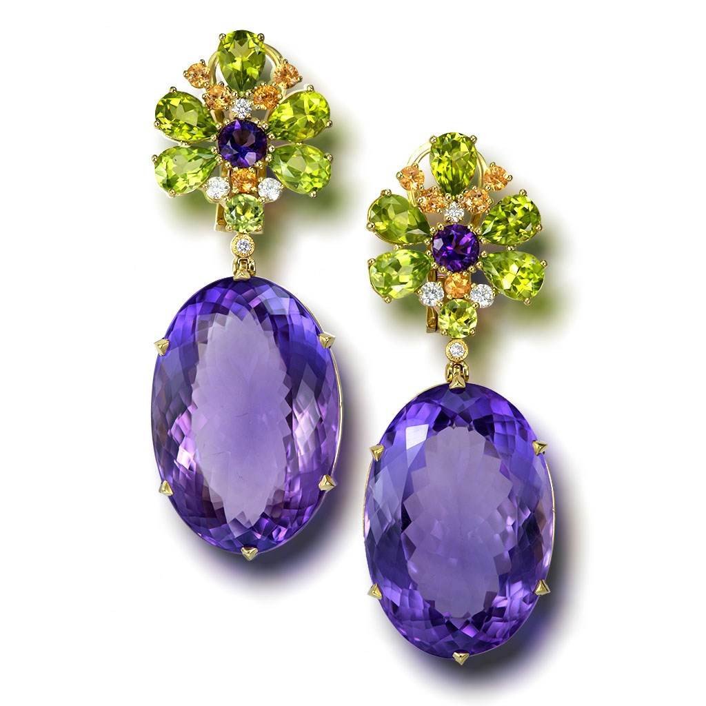 Amethyst, Peridot, Garnet and Diamond Blossom Drop Earrings in Yellow Gold