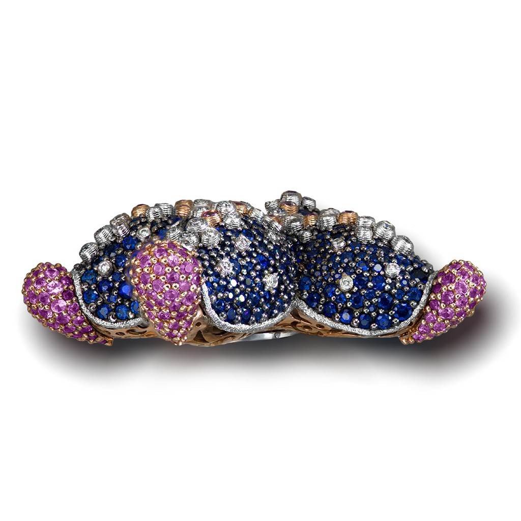 Diamond, Blue and Pink Sapphire Starfish Brooch in Rose and White Gold