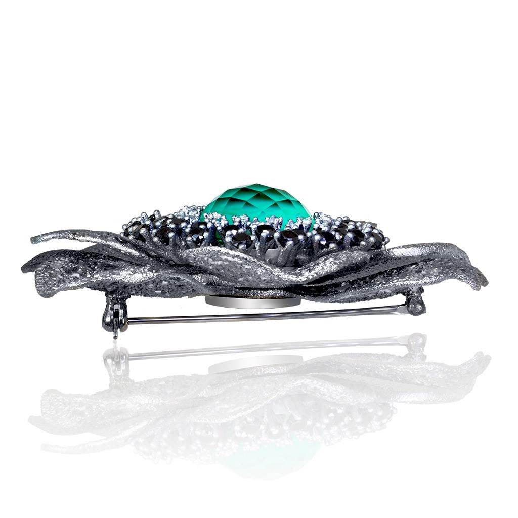 Green Agate, White Quartz Doublet with Black Spinel Coronaria Brooch Pendant in Blackened Silver