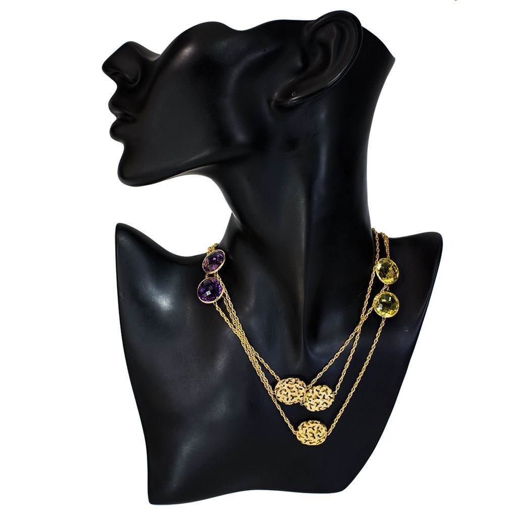 Lemon Citrine and Amethyst Moneta Necklace in 14 Karat Yellow Gold