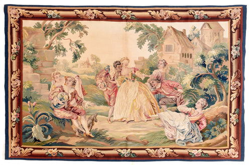 Excellent Green Aubusson French Pictorial Tapestry Area Rug