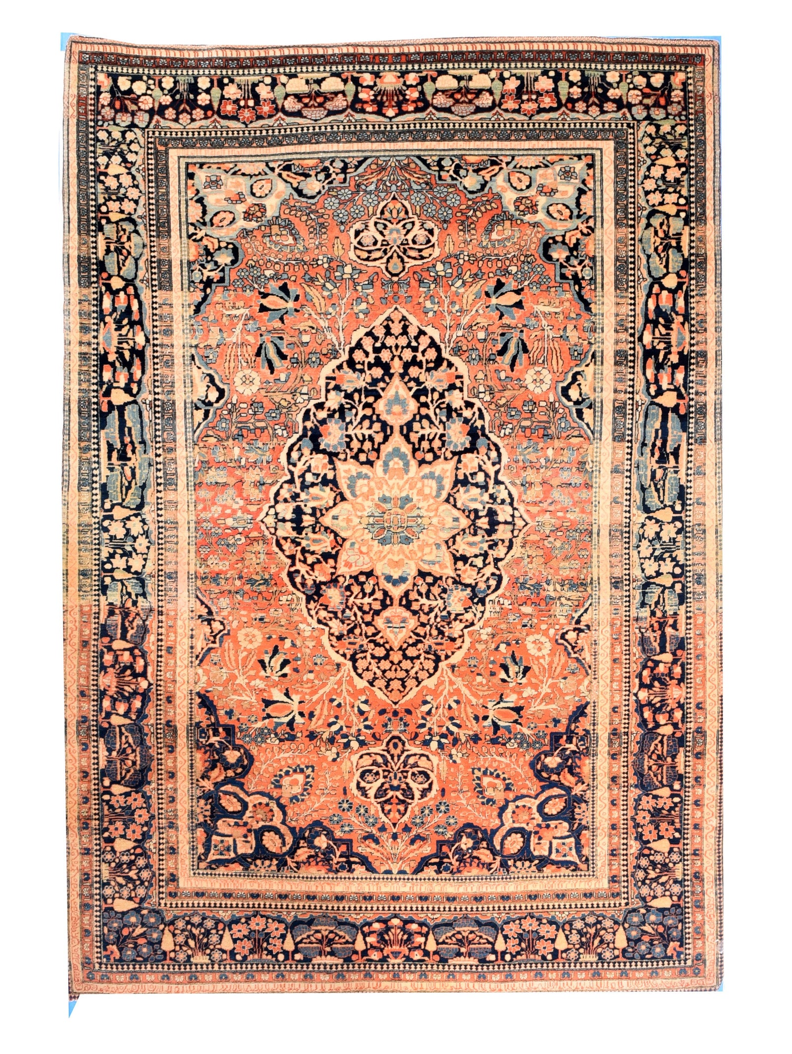 Antique Salmon Mohtasham Kashan Persian Area Rug