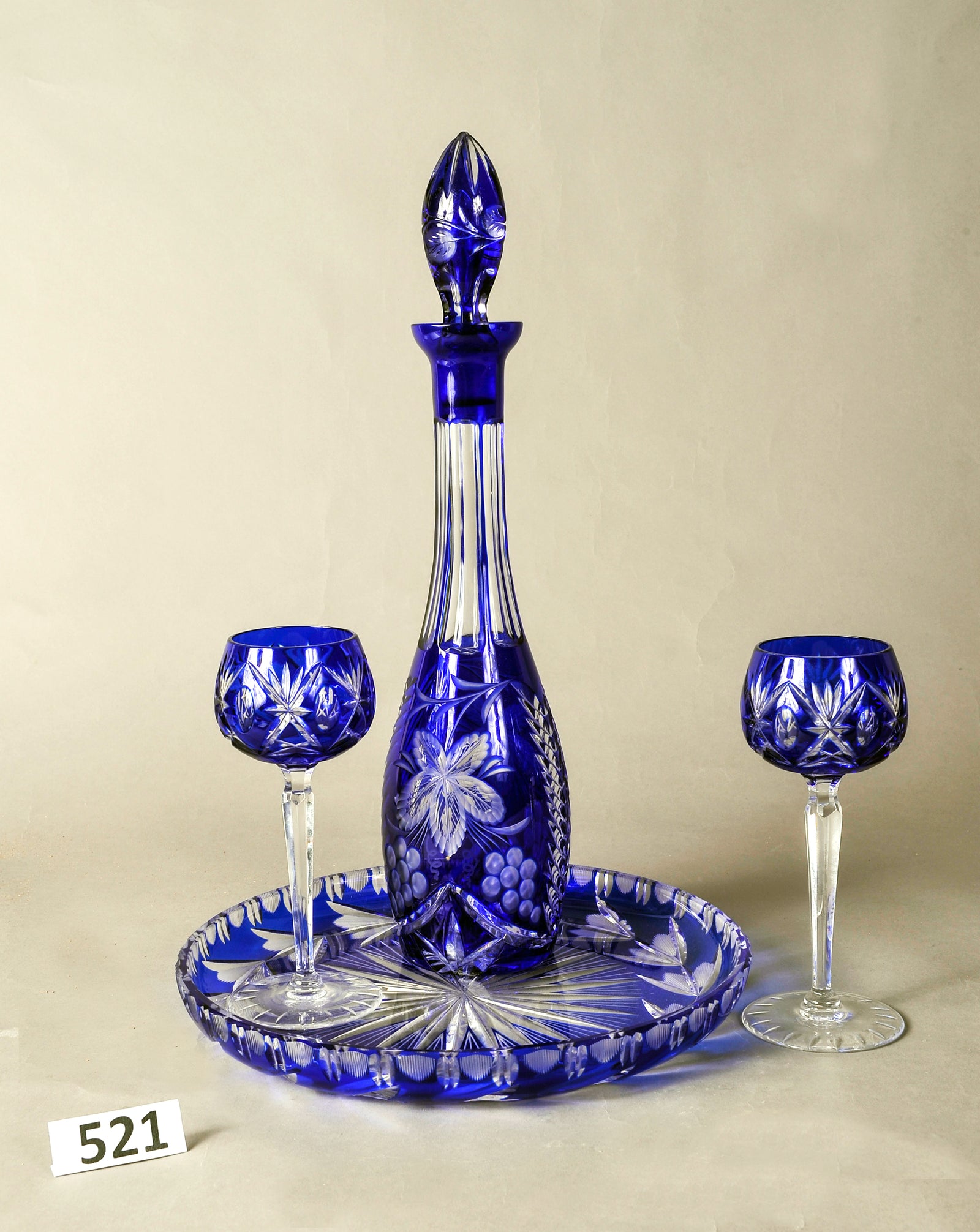 Blue Crystal Decanter With Tray Cut Glass
