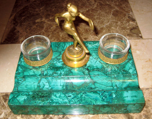 Malachite Ink and Pen Holder With a Dancing Woman