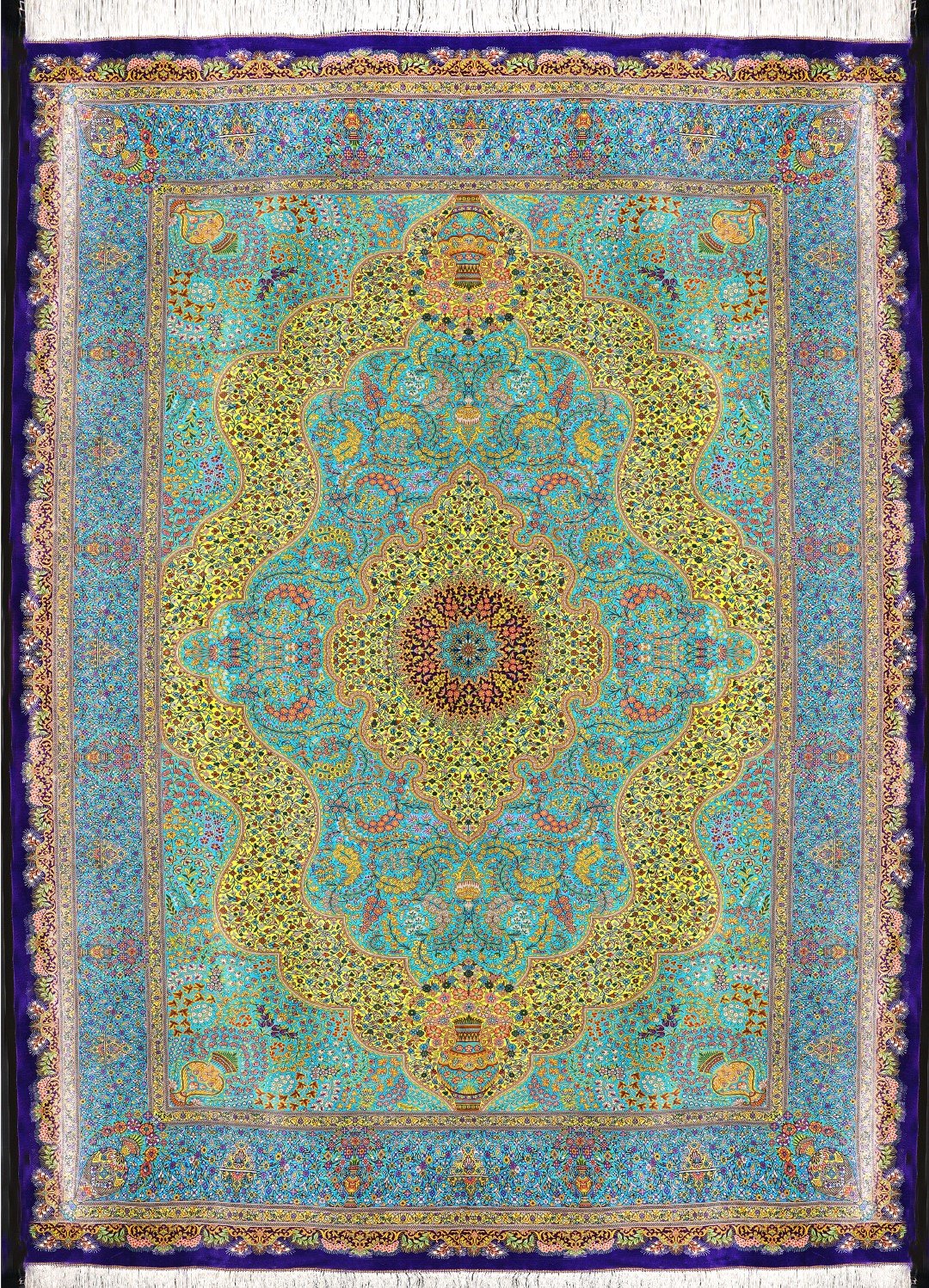 Excellent Green Fine Persian Silk On Silk Qum Area Rug