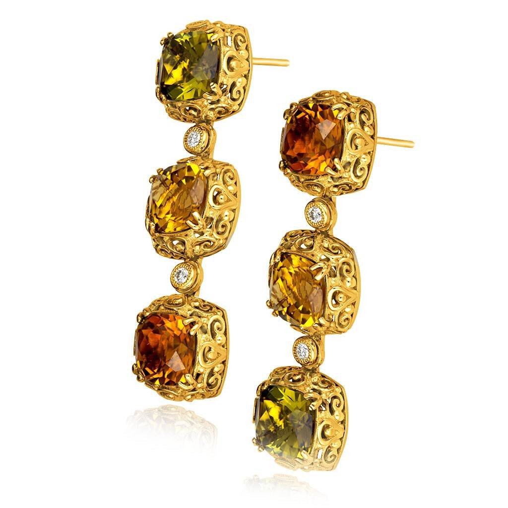 Tourmaline Byzantine Drop Earrings in Yellow Gold